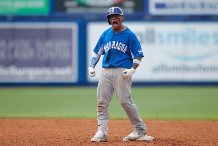 SF Giants prospect Ismael Munguia celebrates while playing for Nicaragua at the WBSC qualifier series. (2021